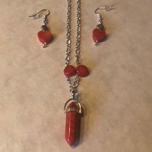 NWOT Red Chakra Coral With Earrings Hearts Necklace